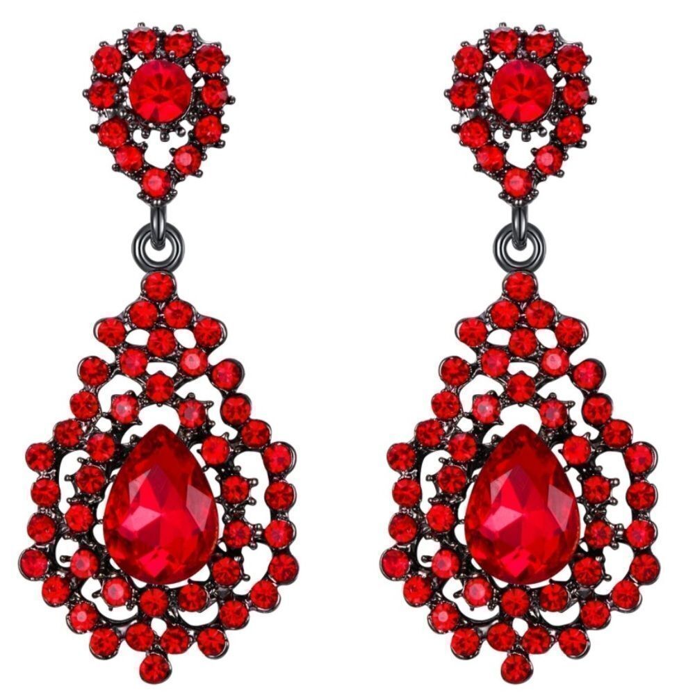 Gun Metal with Ruby Red Austrian Crystal Art Deco Chandelier Post Back Earrings